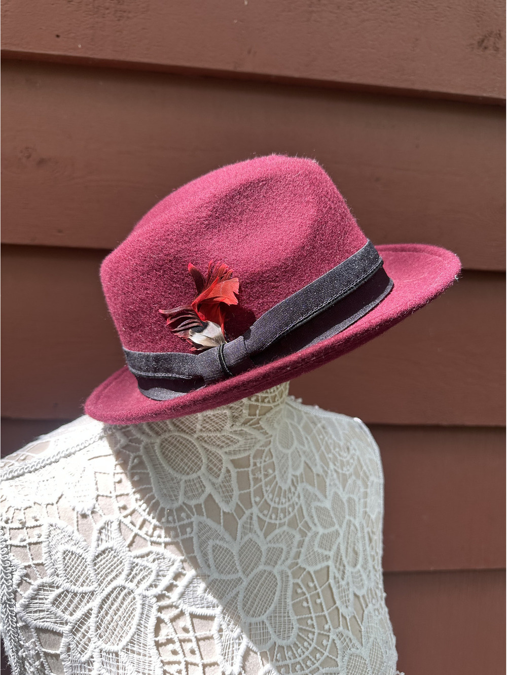 Nine West Burgundy Wool Fedora Hat with Feather Accent